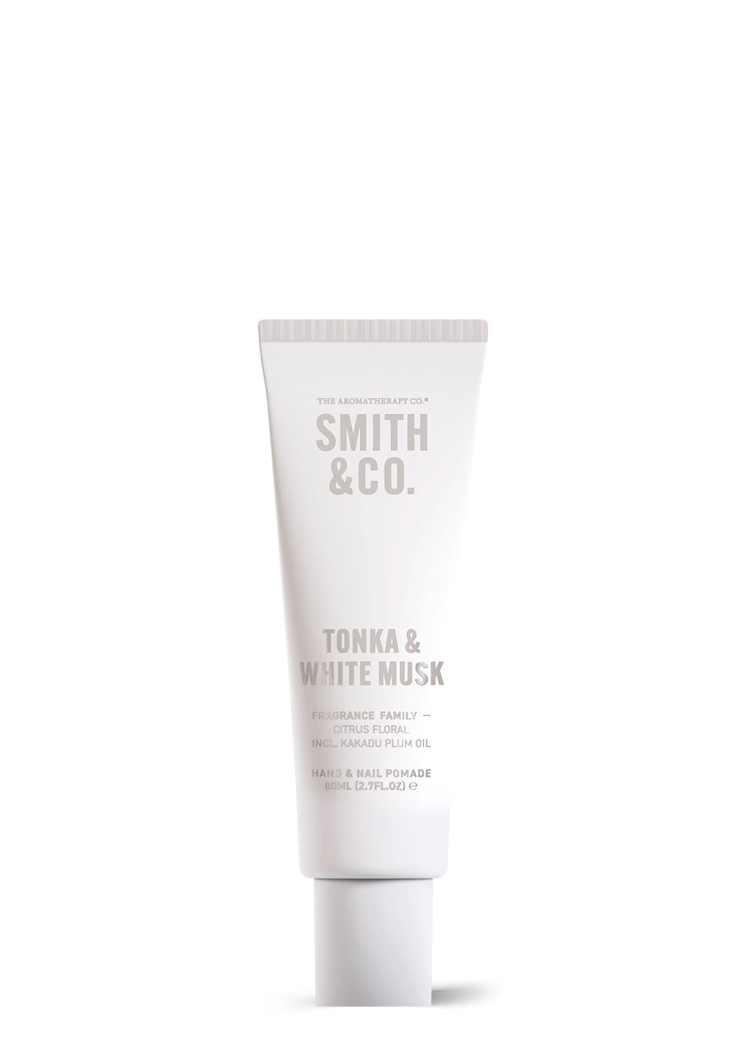 Smith and Co Tonka and White Musk hand cream, white 80ml tube on a plain white background