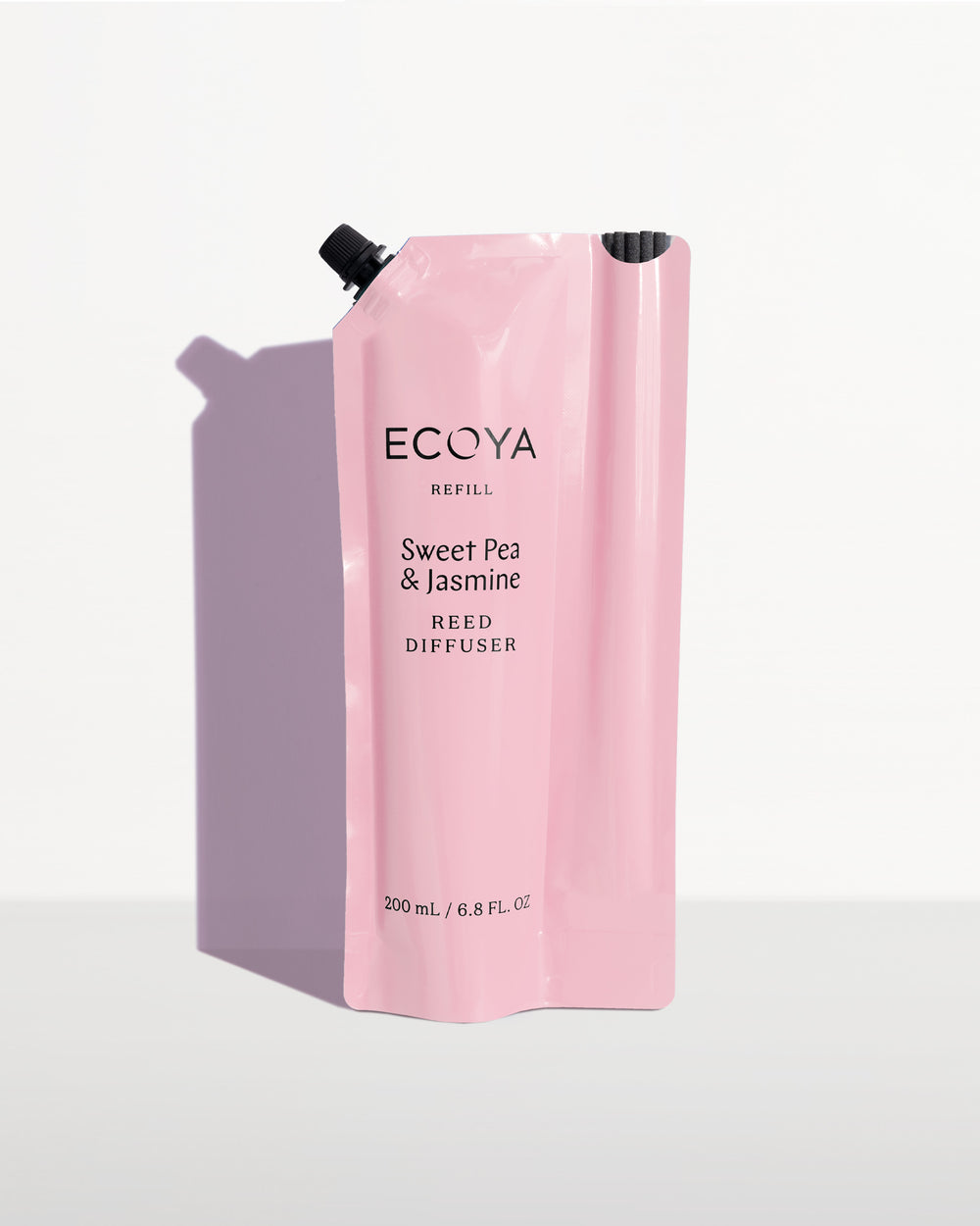 Ecoya Sweet Pea and Jasmine reed diffuser refill pouch in pink packaging