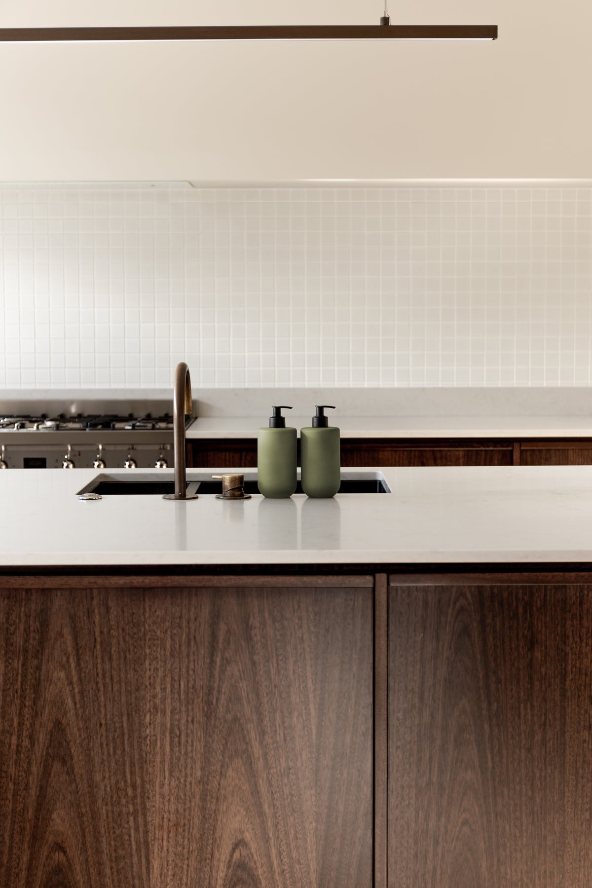 Dark timber kitchen island with sage Smith & Co. bottles beside the sink, straight-on view