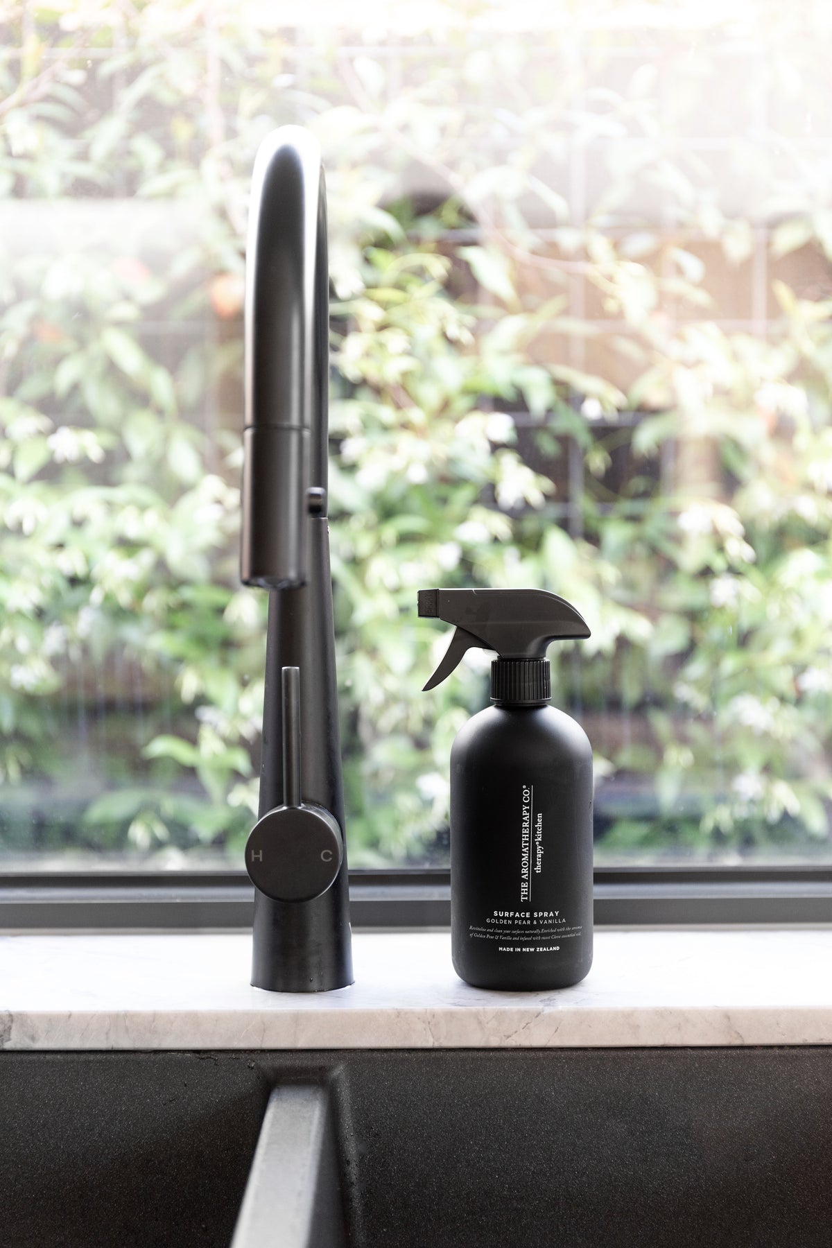 Black surface spray beside a matte black kitchen tap at a window with greenery outside