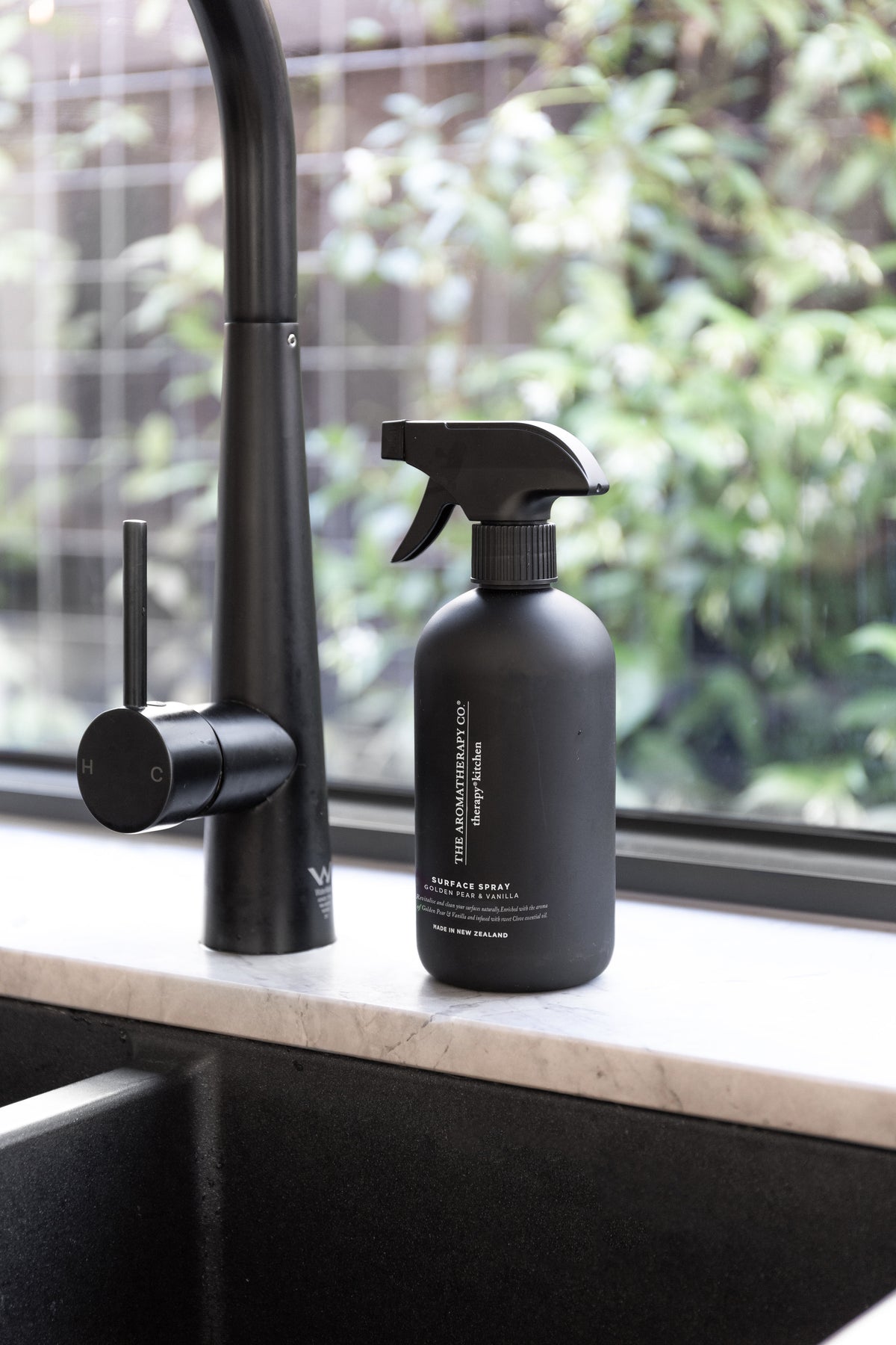 Close view of the black surface spray beside a matte black kitchen tap at a sunlit window