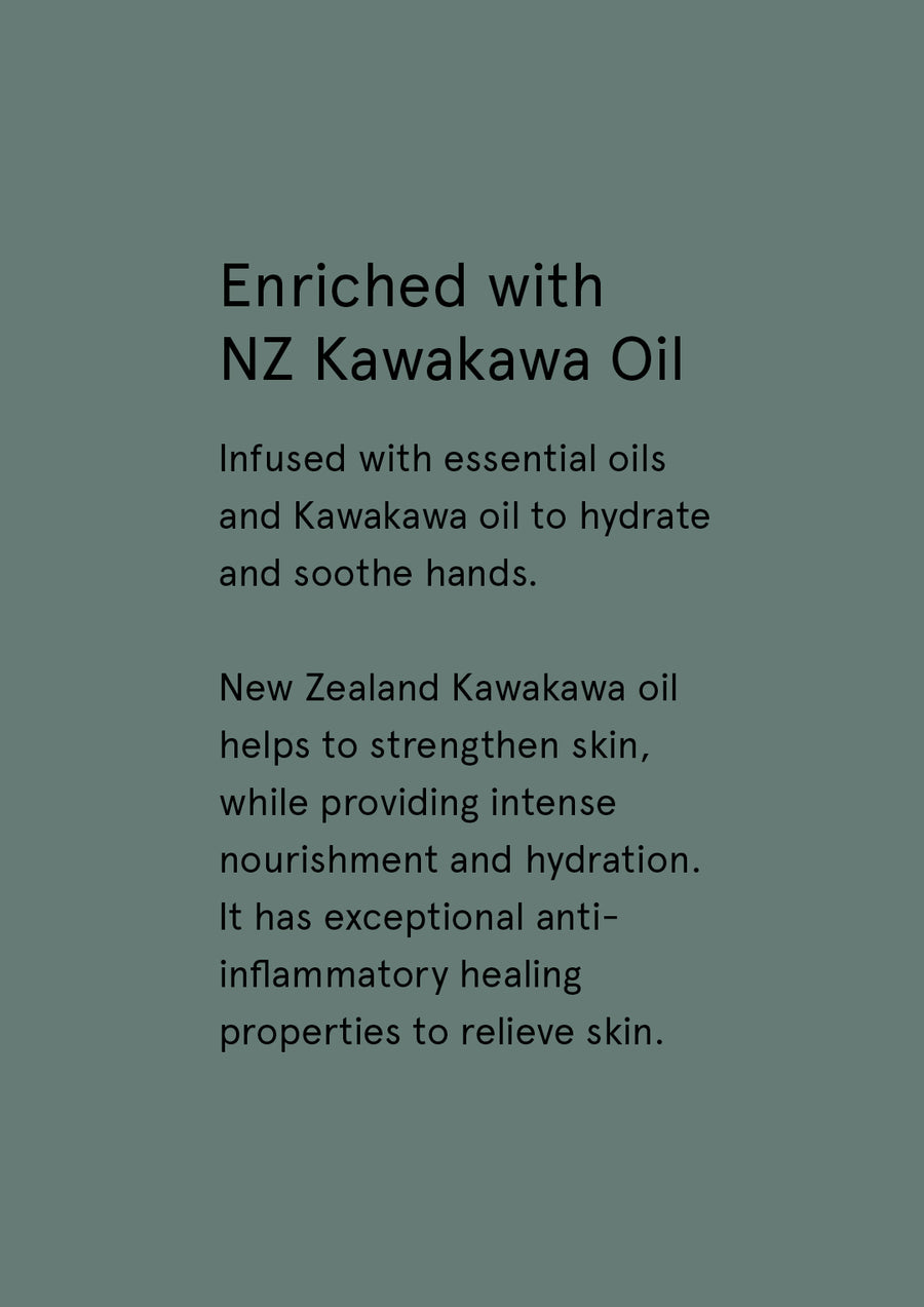 Enriched with NZ Kawakawa Oil supplier card with dark text on sage green