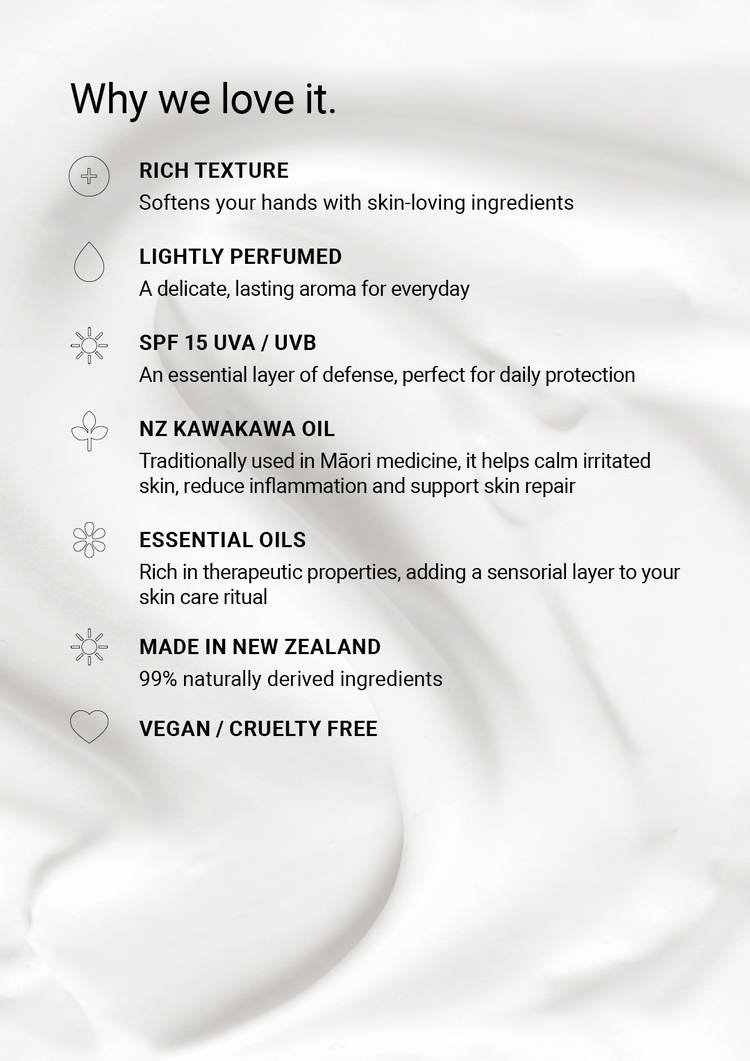 Why we love it feature card listing the hand cream's key features over a swirl of white cream