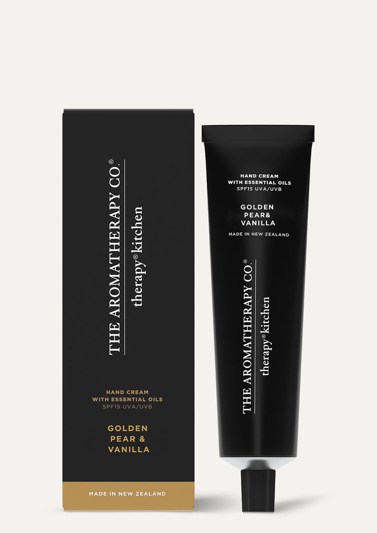 Therapy Kitchen Golden Pear & Vanilla hand cream tube beside its black and gold box