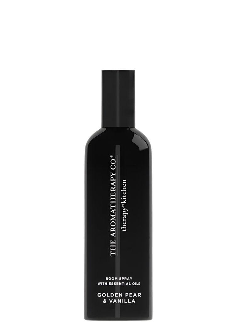 Therapy Kitchen Golden Pear & Vanilla room spray in a slim black bottle on a white background