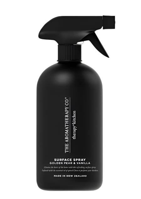 Therapy Kitchen Golden Pear and Vanilla surface spray in a matte black 500ml trigger bottle on a white background