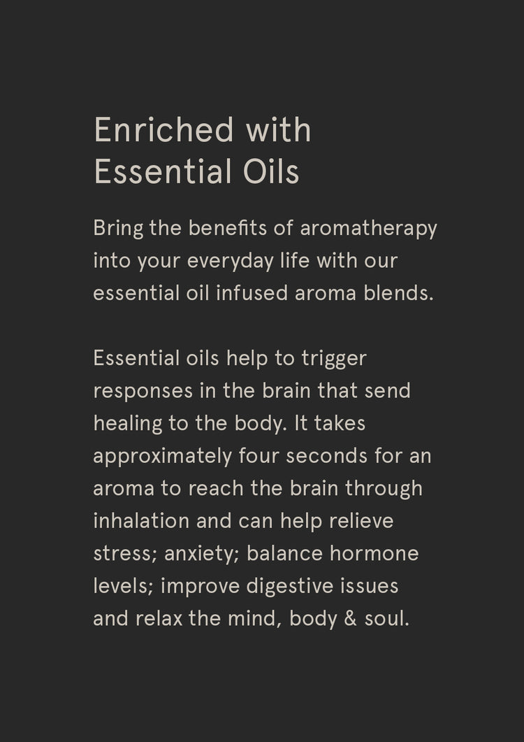 Enriched with Essential Oils supplier card with white text on charcoal