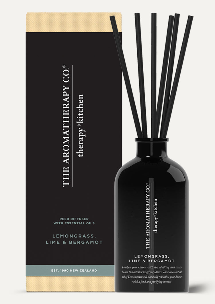 Therapy Kitchen Lemongrass, Lime & Bergamot reed diffuser in front of its black and cream gift box