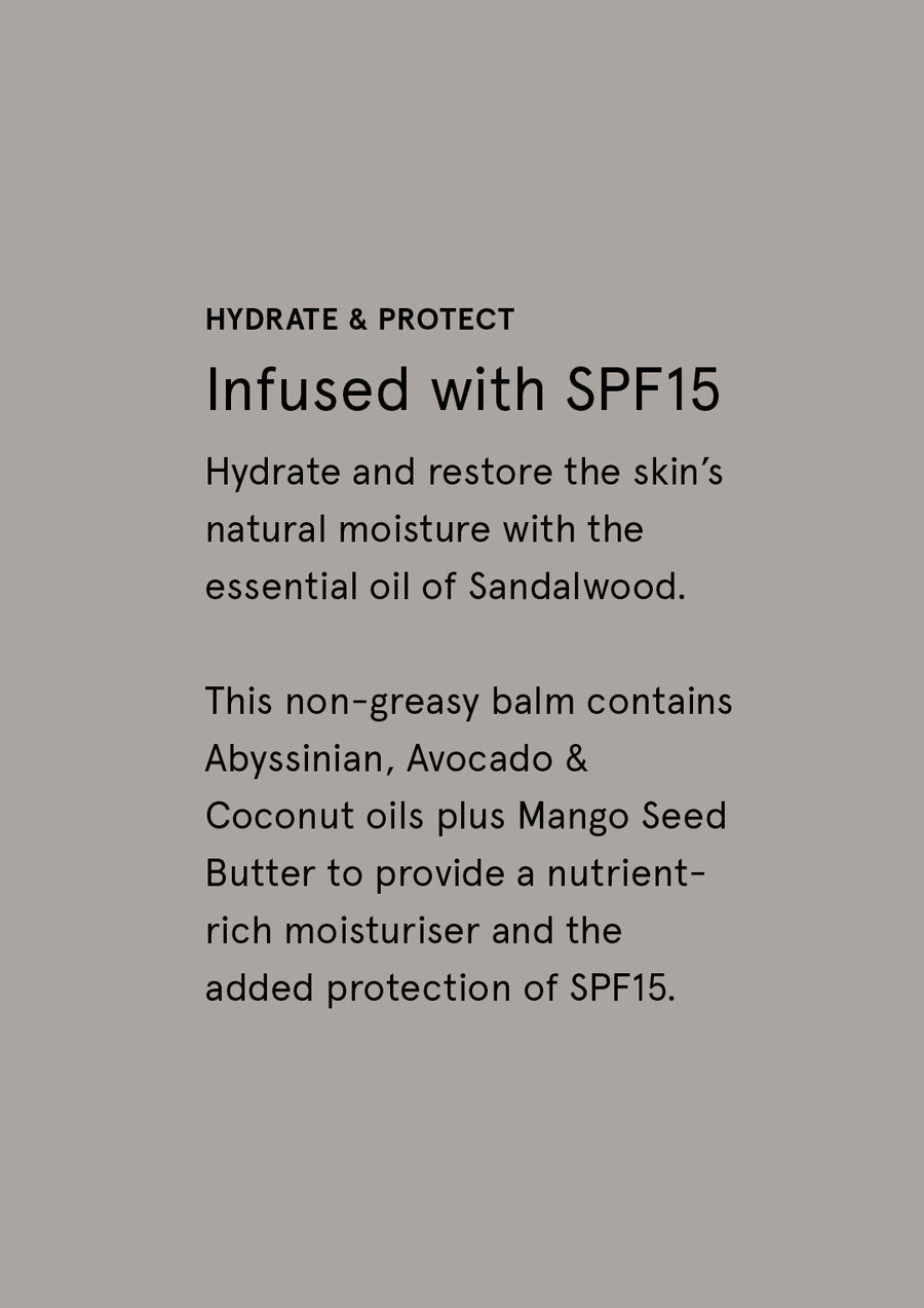 Hydrate and protect supplier card headed Infused with SPF15 on warm grey