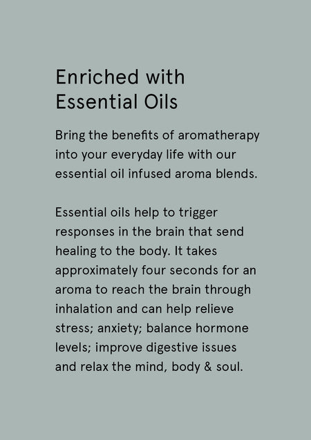 Enriched with Essential Oils supplier card with dark text on sage grey