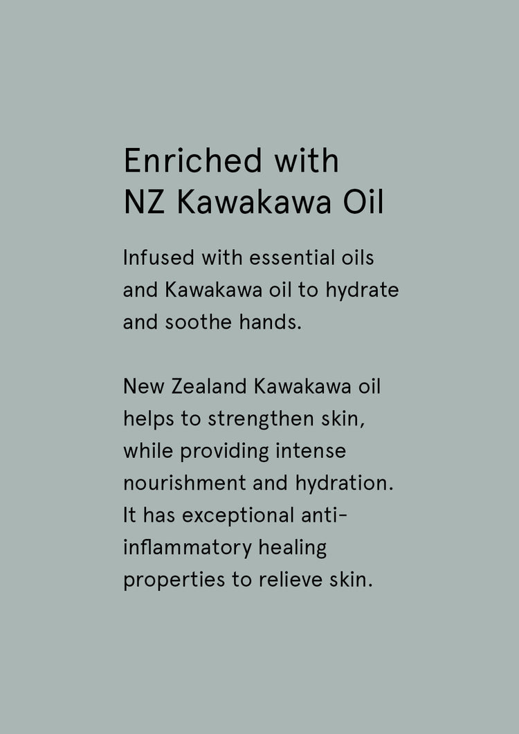 Enriched with NZ Kawakawa Oil supplier card with dark text on sage grey