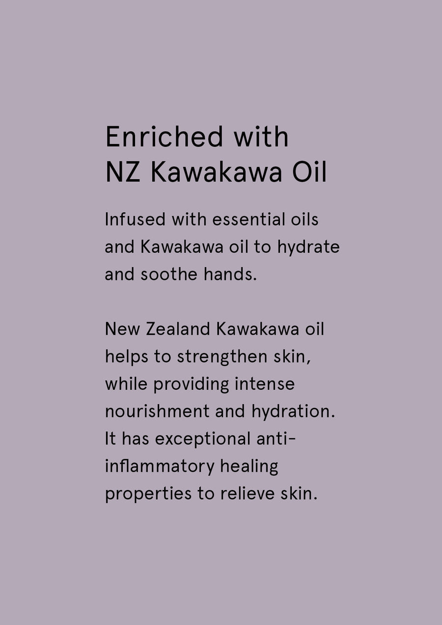 Enriched with NZ Kawakawa Oil supplier card with dark text on lilac grey