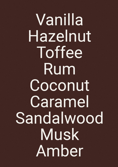 Chocolate brown card listing the fragrance notes of Vanille & Hazelnut Ambre in white text