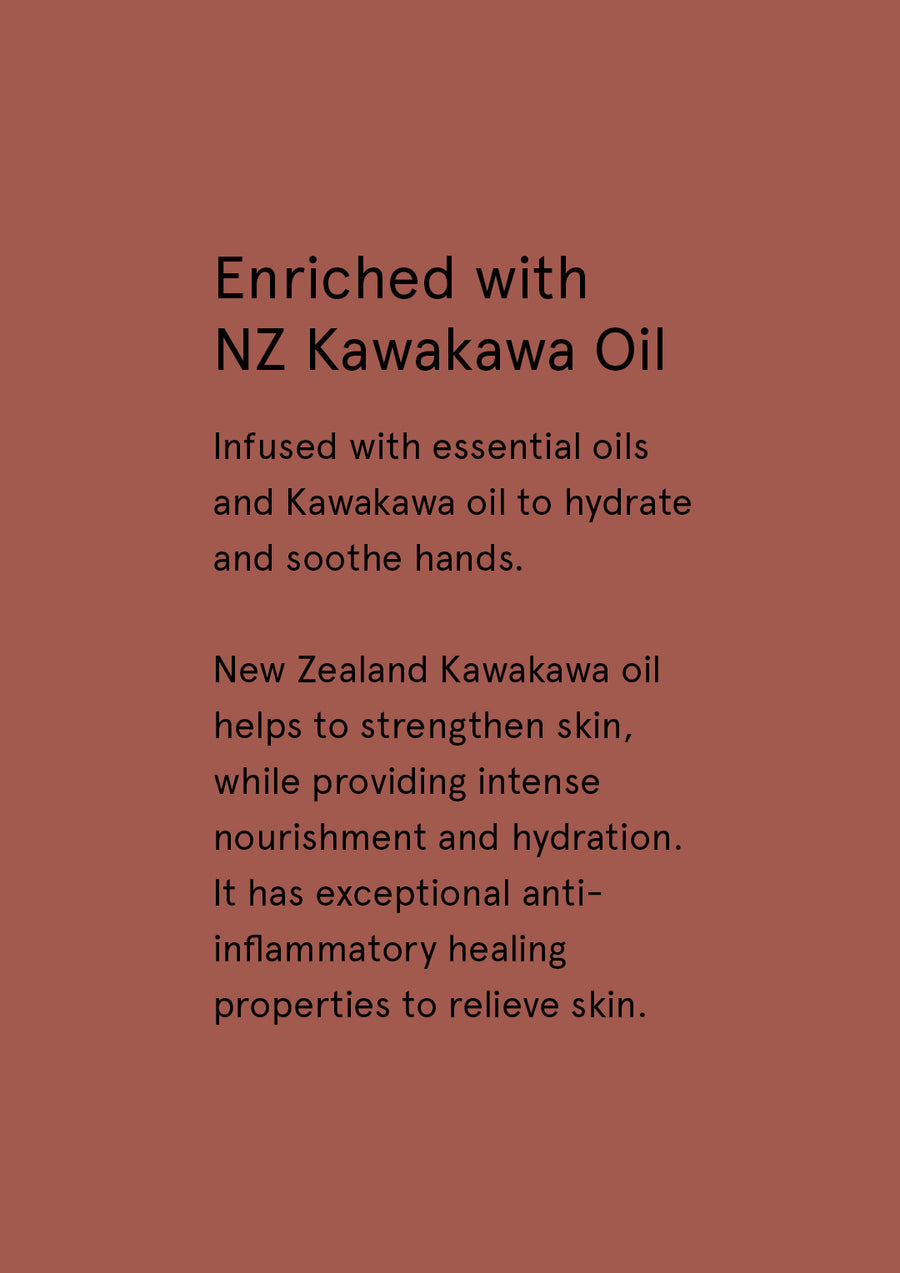 Enriched with NZ Kawakawa Oil supplier card with white text on terracotta