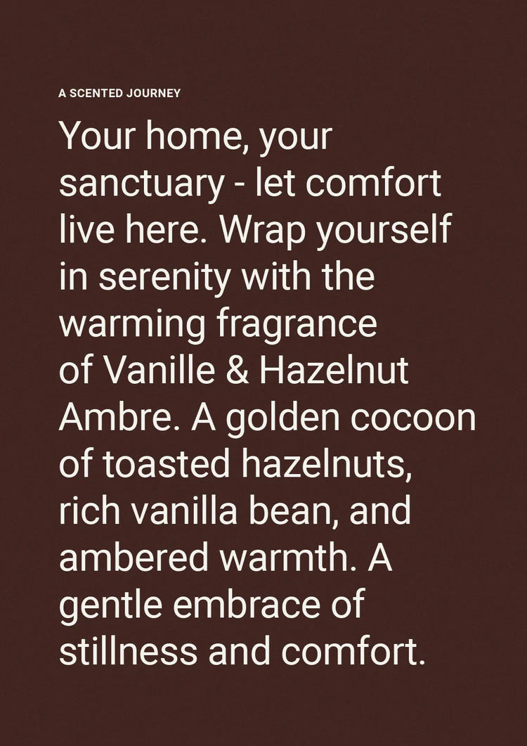 Chocolate brown fragrance description card for Vanille & Hazelnut Ambre