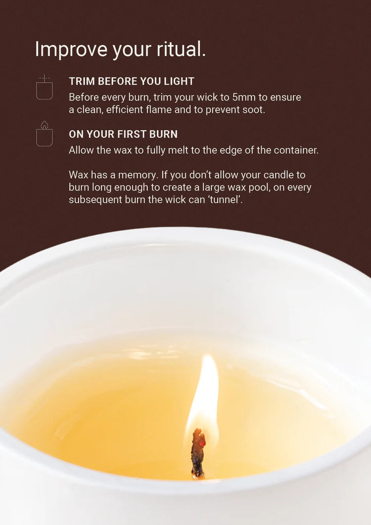 Improve your ritual candle care card above a close up of a lit candle