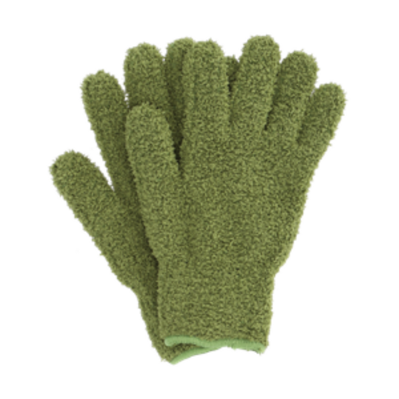 Green microfibre plant dusting glove on a white background