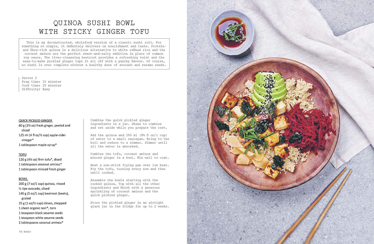Whole cookbook spread for Quinoa Sushi Bowl with Sticky Ginger Tofu, shown with avocado and pickled ginger