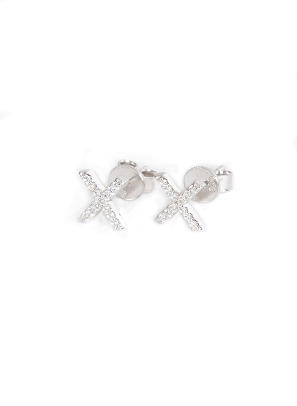 Kisses Studs, silver X earrings set with clear crystals, side view