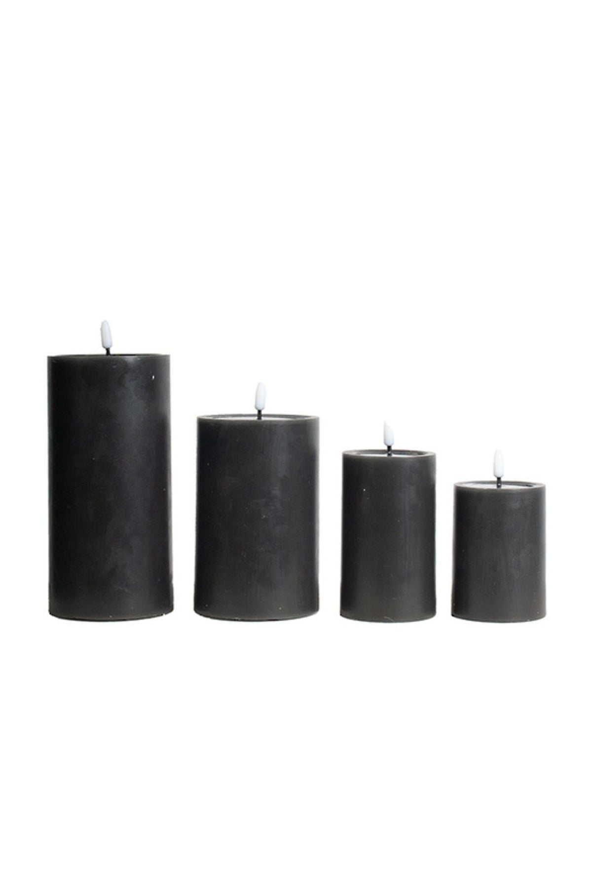 Flameless LED wax pillar candle in smoke, all four sizes shown together