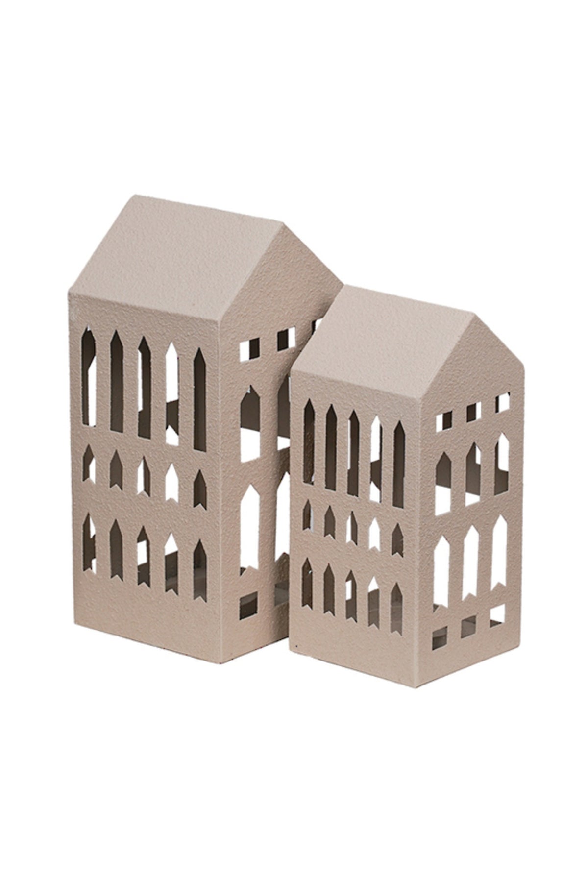 Arrow window house tealight holders in two sizes shown together