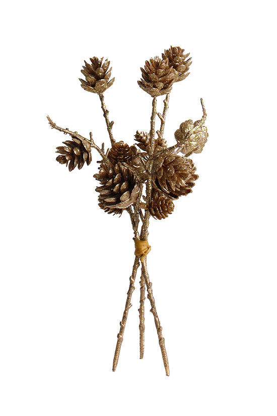 Bundle of pine cones on long wired stems with a lightly gilded finish, tied at the centre