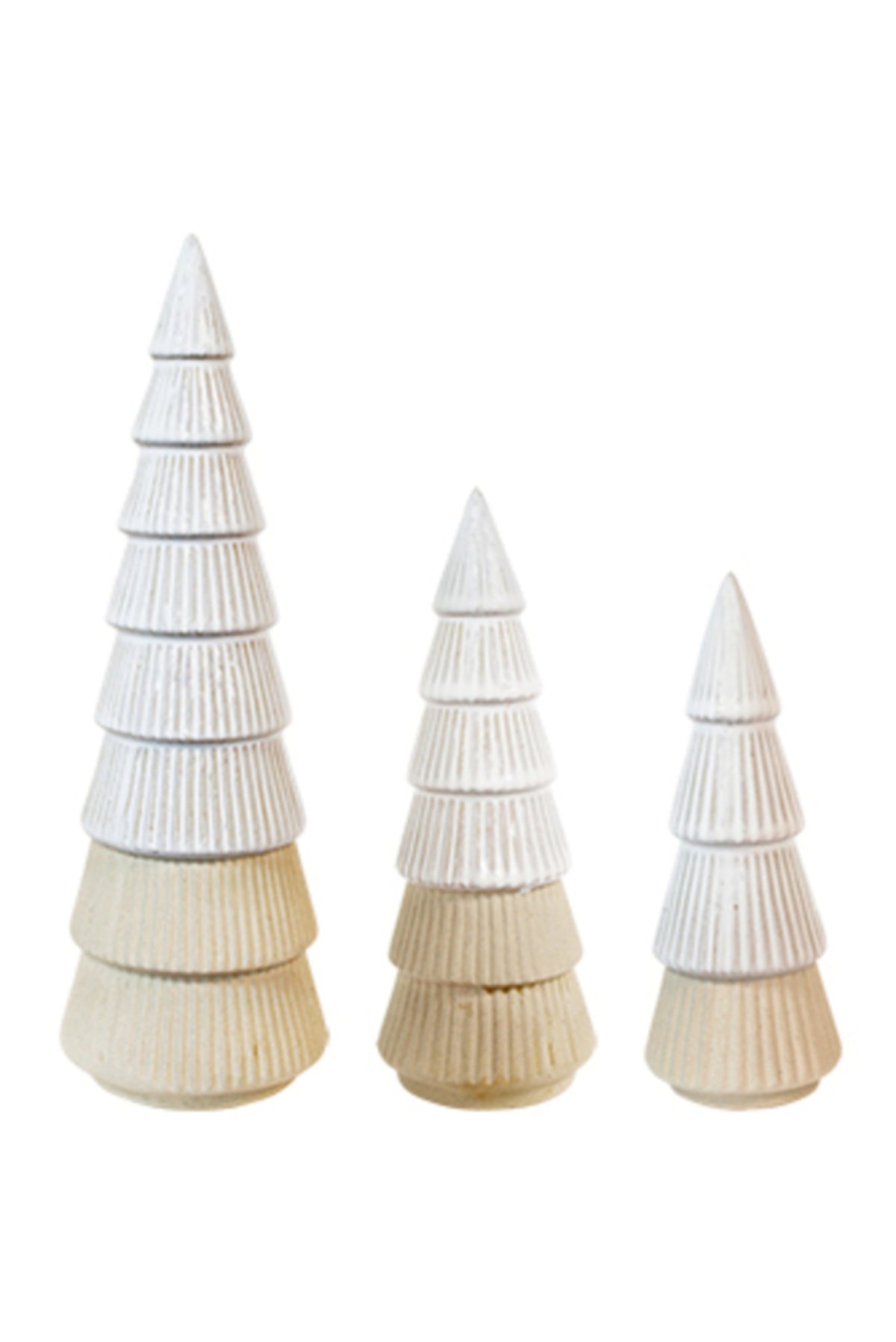 Ceramic Christmas trees in grey and white, three sizes shown together