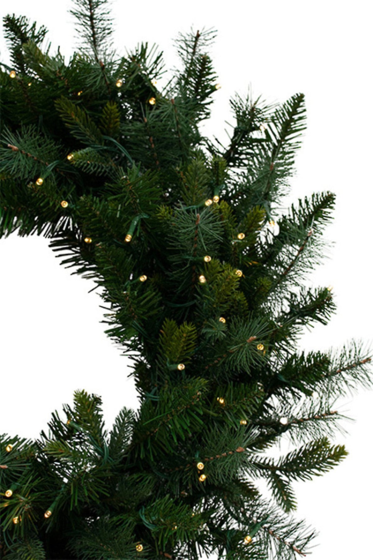 Spruce pre-lit wreath, close view of the needles and lights