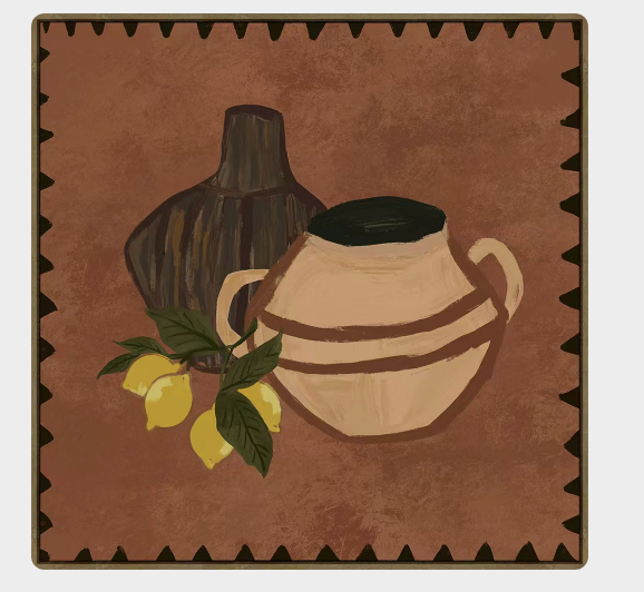 Close view of the artwork: striped beige jar, dark ribbed vase and lemon sprig on terracotta with a scalloped border