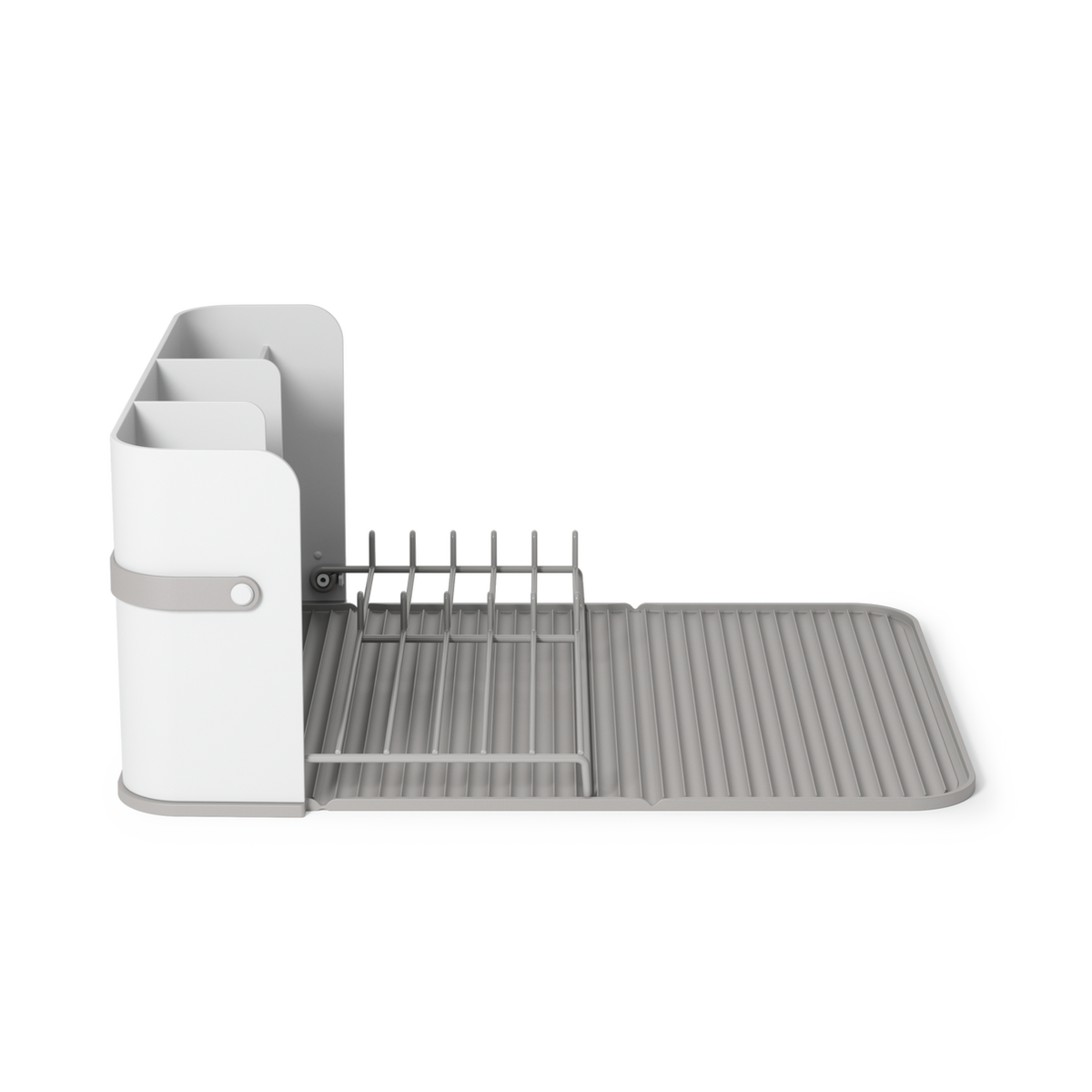 Umbra Sling dish rack unfolded, showing the wire plate rack and drying mat