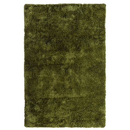 Aberdeen Green Rug in deep olive with a long shaggy pile, shown flat on white