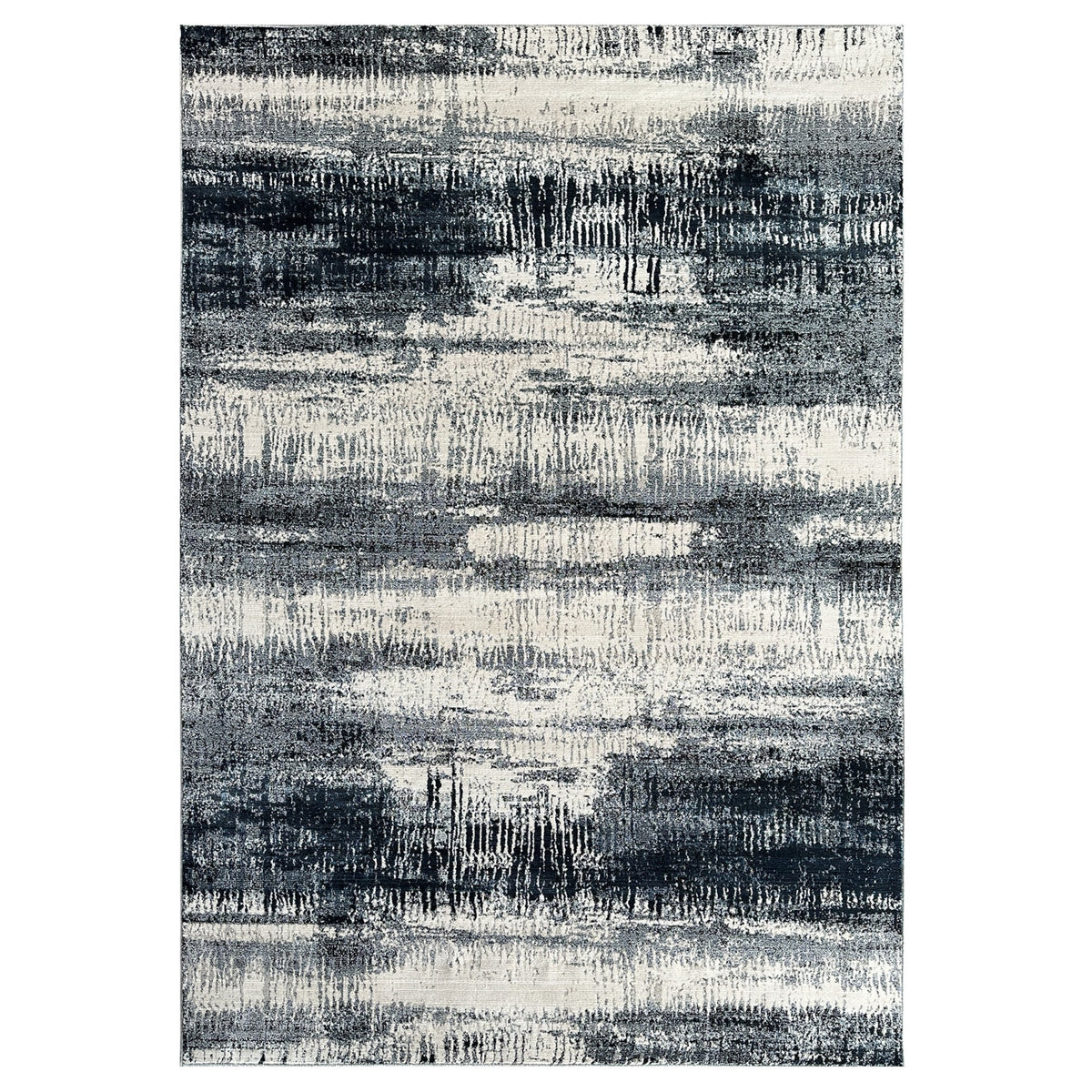 Alto Horizon Dusk abstract rug with streaks of deep blue, grey and ivory, shown flat on white