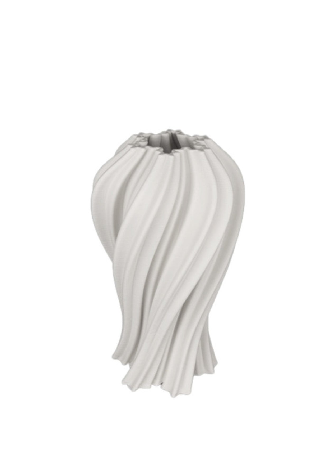 Anais 3D ceramic vase in white with twisting ribbed ribbons and a ruffled rim