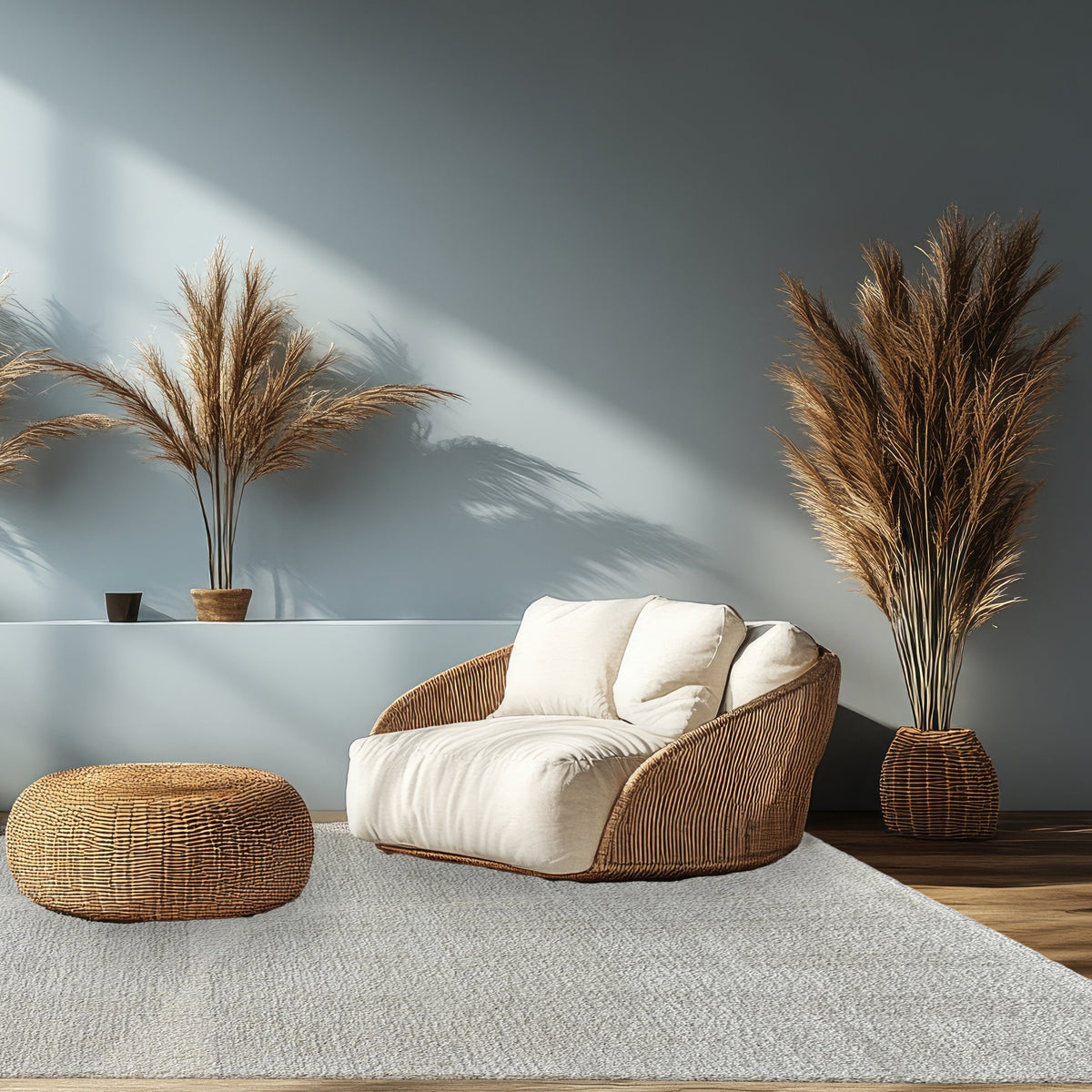 Soft grey rug with a cream rattan armchair, woven pouf and pampas grass in a grey room