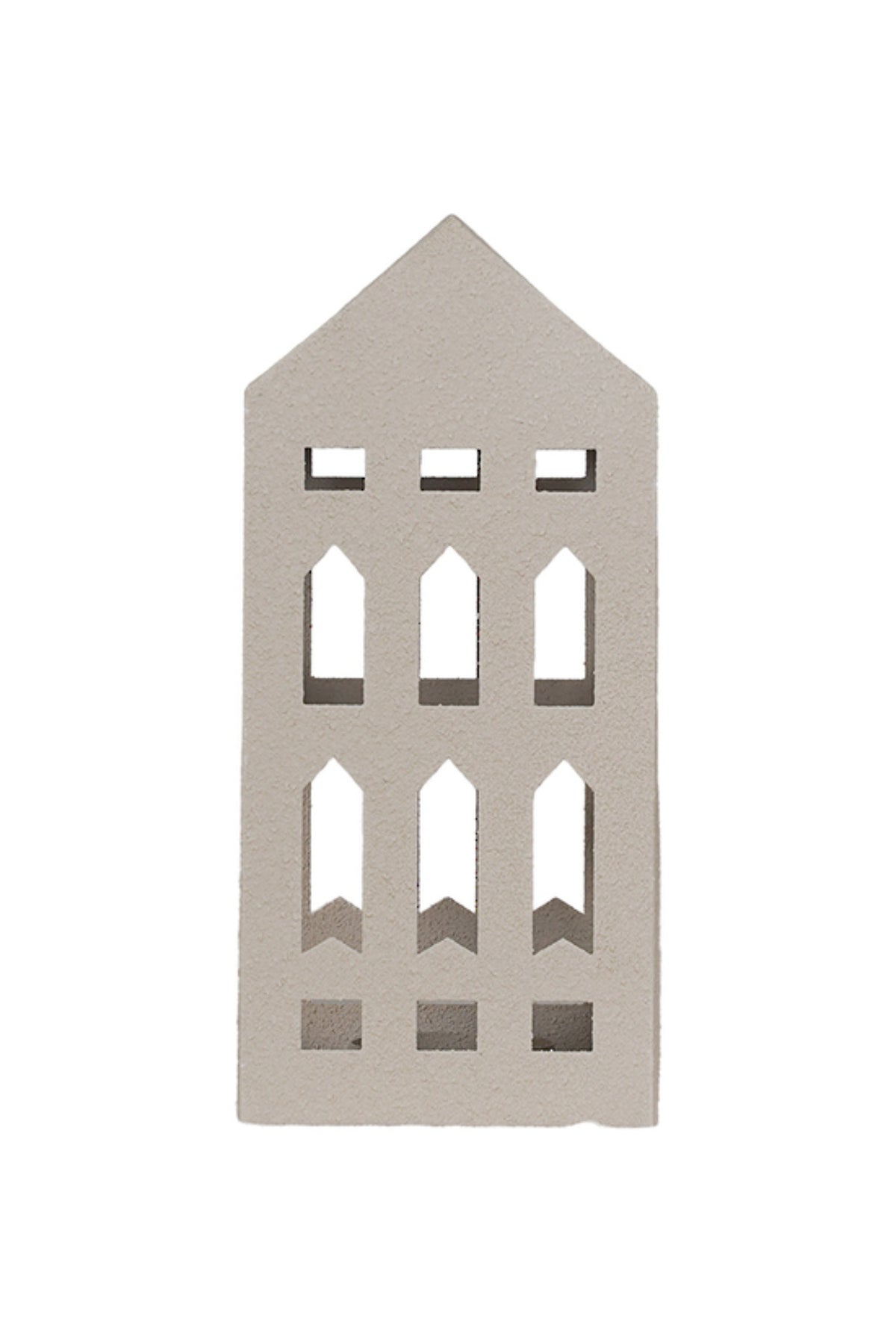 Tall grey ceramic house tealight holder with arched arrow-shaped window cut-outs, large (11cm W x 11cm D x 23.5cm H)
