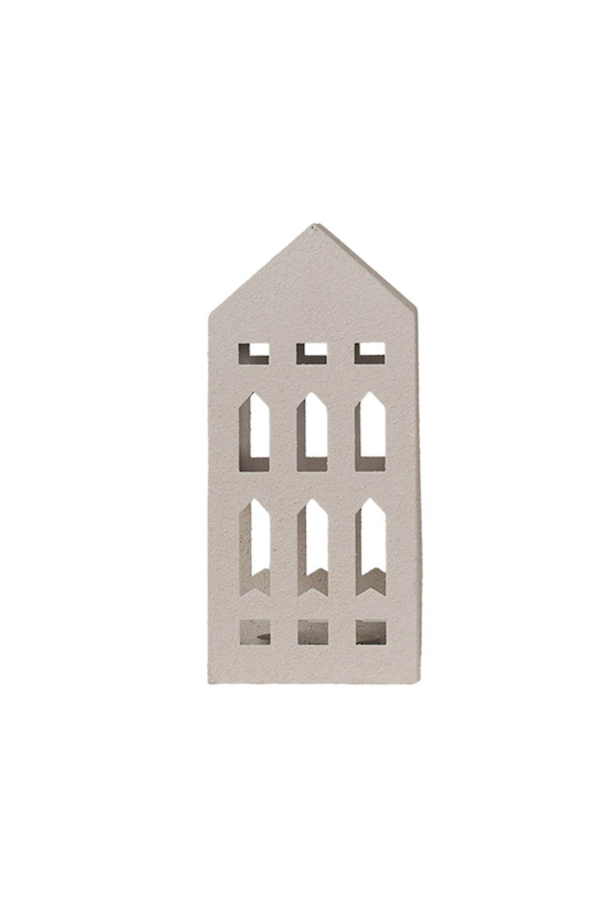 Tall grey ceramic house tealight holder with arched arrow-shaped window cut-outs, small (9cm W x 9cm D x 20cm H)