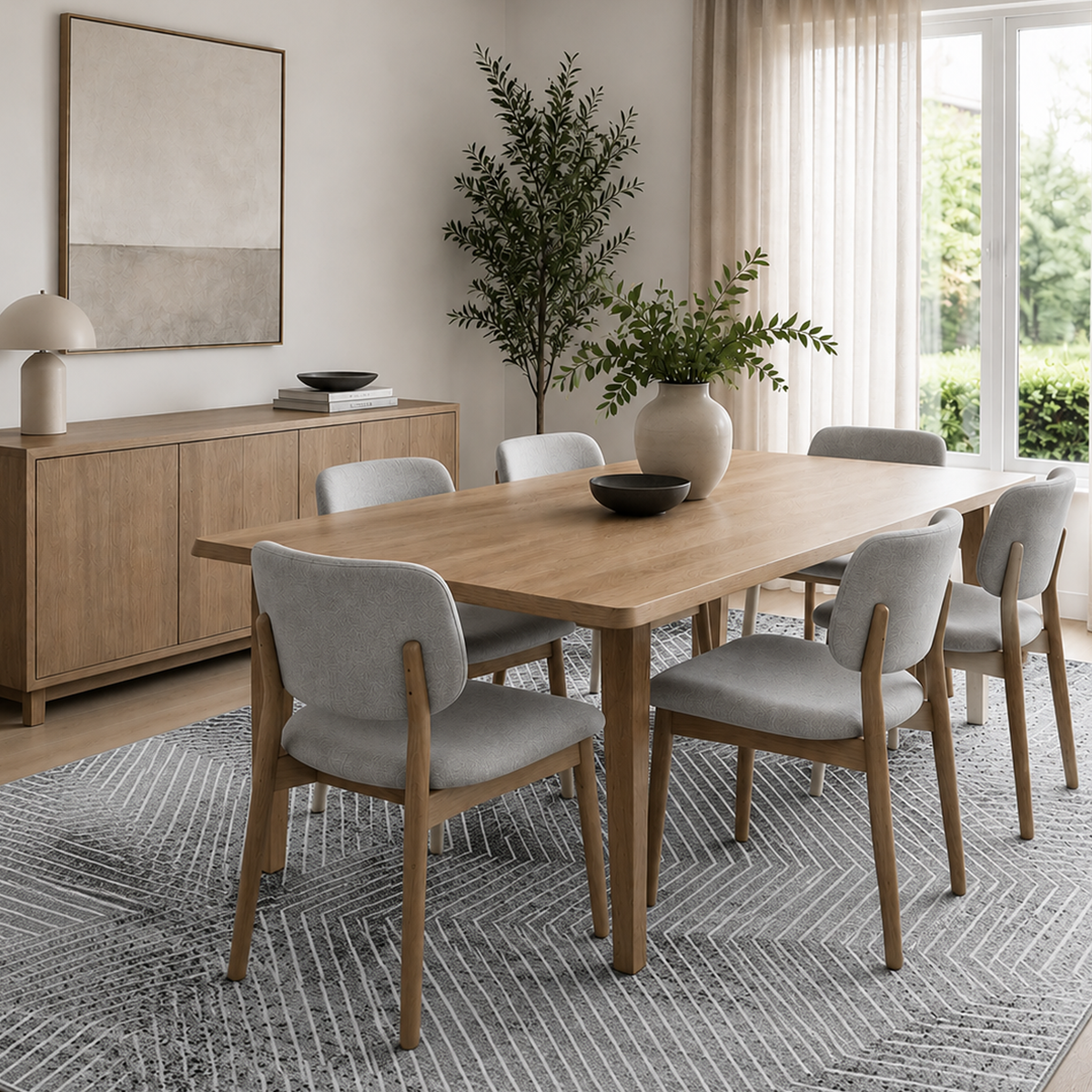 Charcoal and white geometric rug under an oak dining table with grey upholstered chairs
