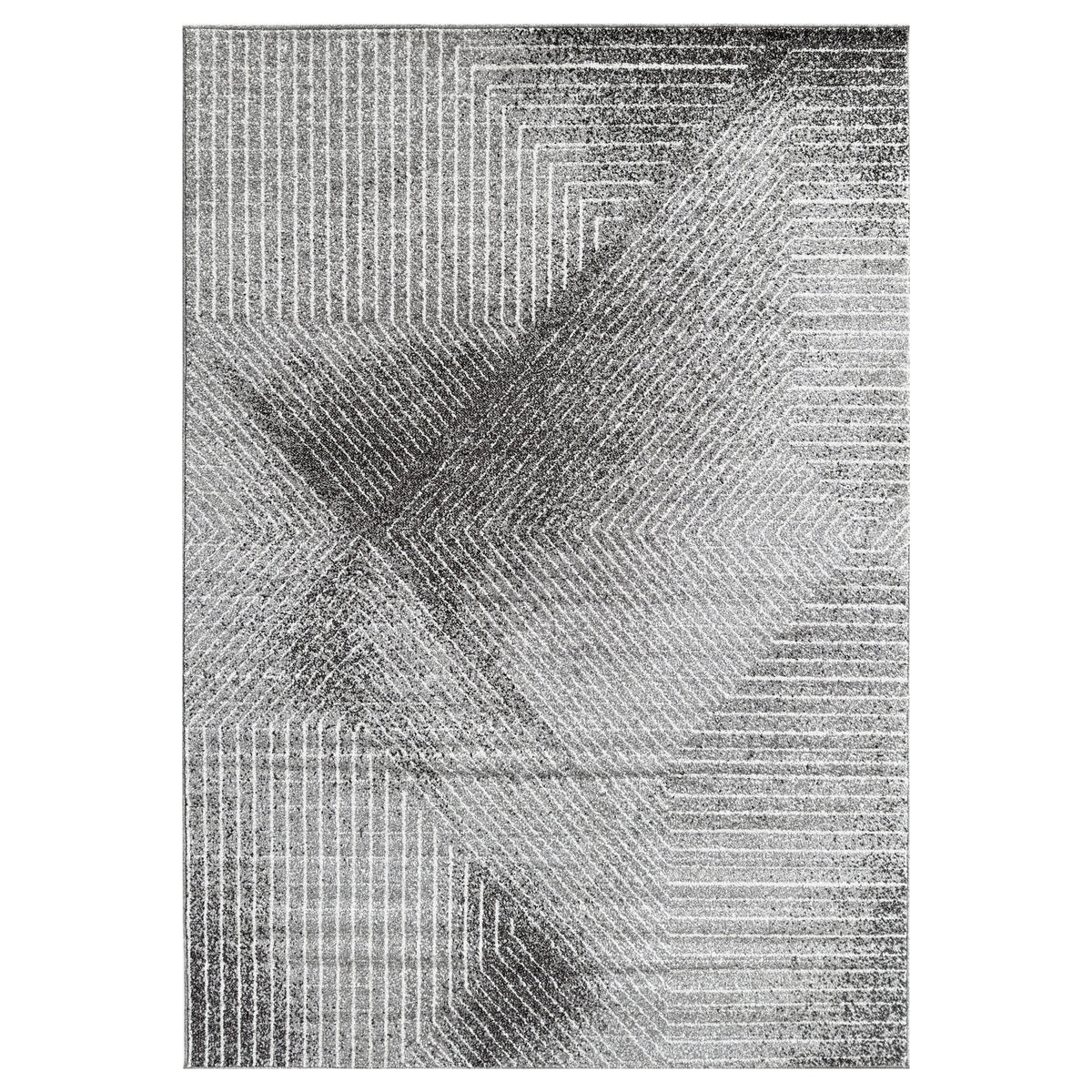 Ascot Abstract Grey Rug with fine diagonal lines over charcoal and white blocks, shown flat on white