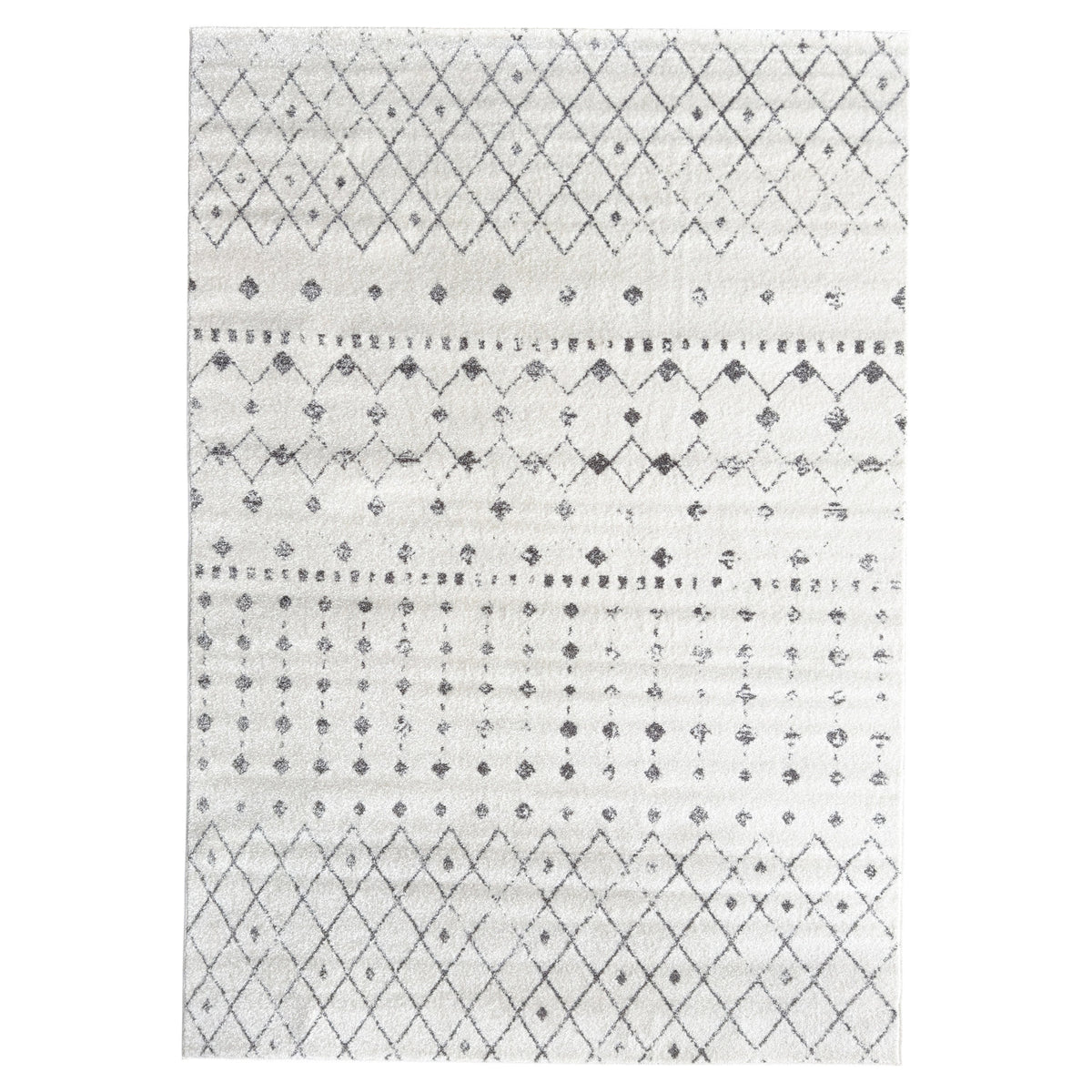 Ascot Modern Aztec Ivory Rug with grey diamond and dot pattern bands, shown flat