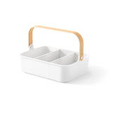 A sustainable Umbra Bellwood Storage Bin with three compartments and a wooden handle, perfect for organizing.