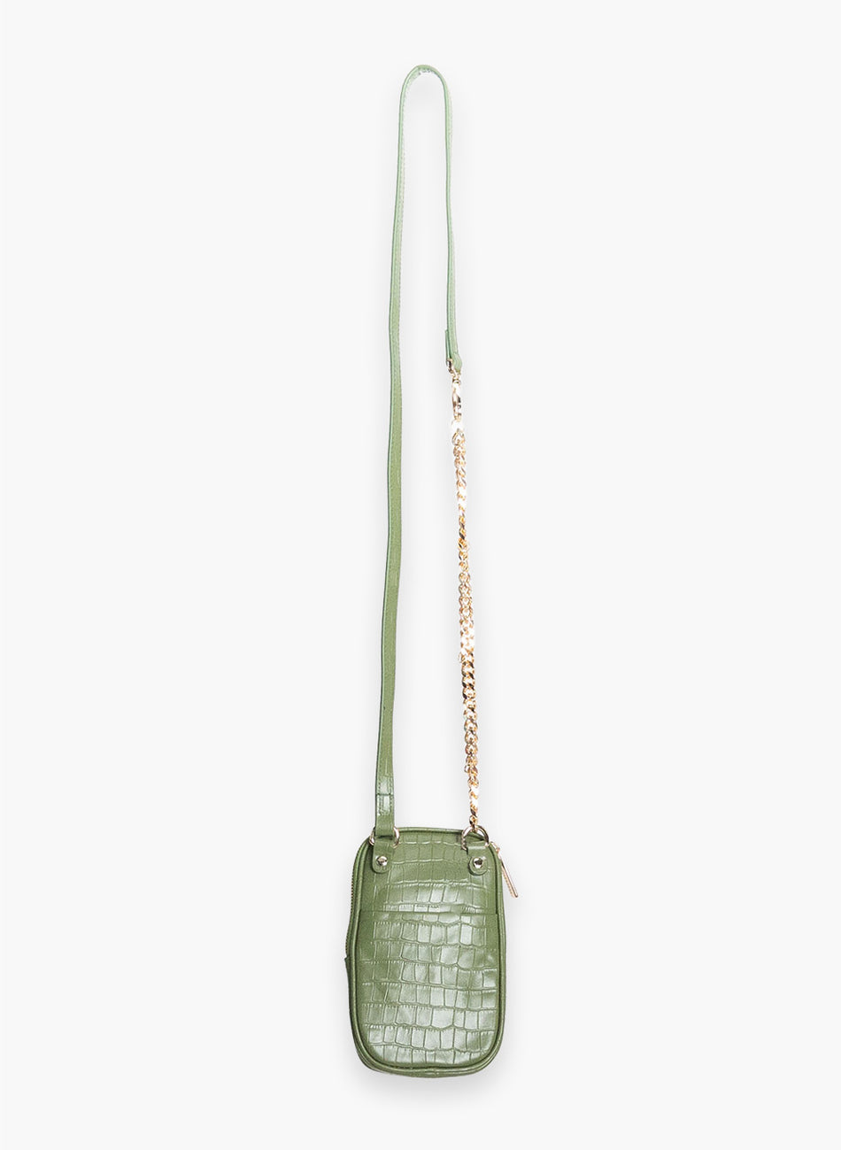 Attached To Me crossbody bag in olive green croc, back view