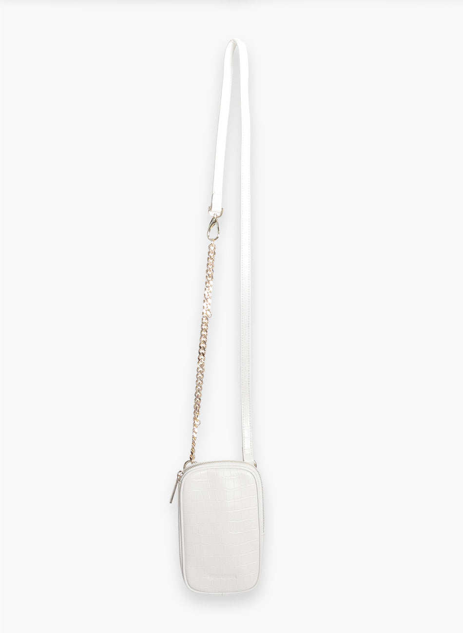 Attached To Me crossbody bag in ivory croc, front view with chain and strap