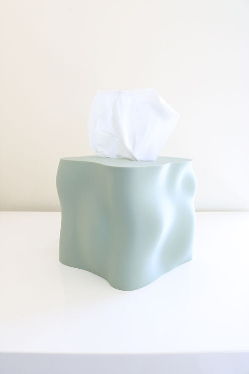Sage matte Ebb tissue box cover with a tissue drawn through the top