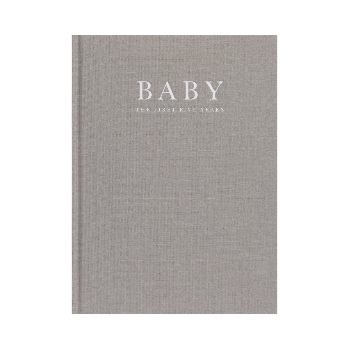 Write To Me Baby The First Five Years journal in grey linen with white title, front cover on a white background