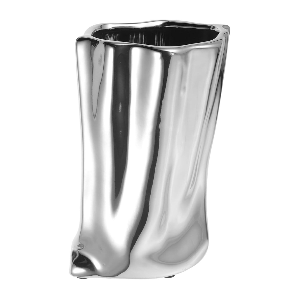 Silver metallic bag vase in the tall size, showing the twisted folds