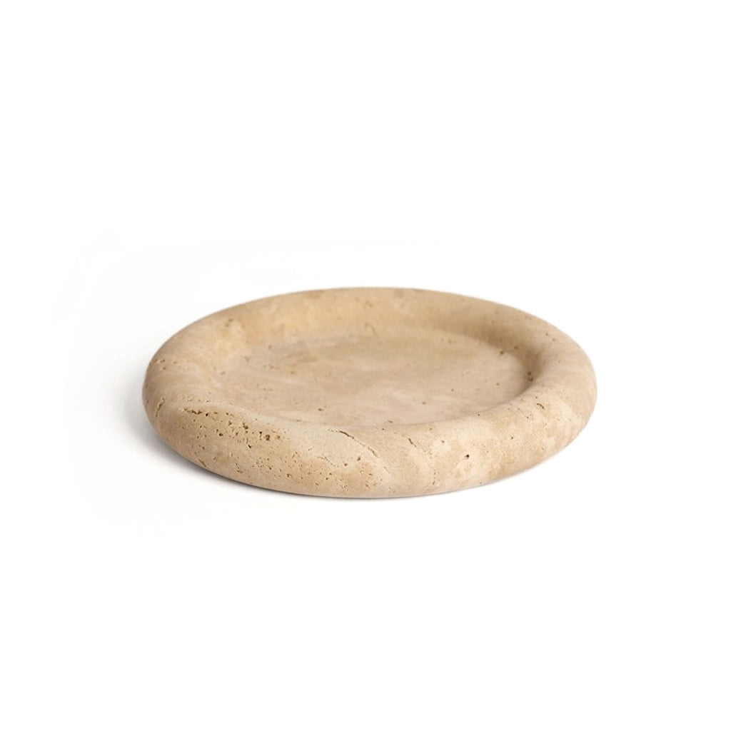Bay round travertine tray by Ned Collections in light stone finish