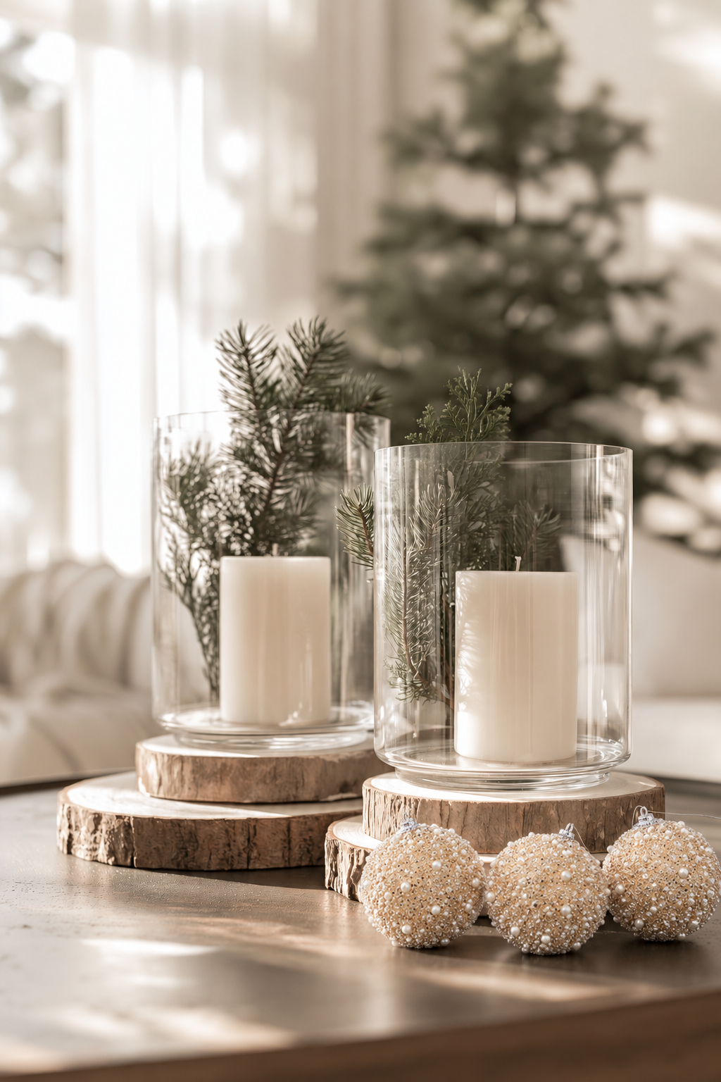 Three champagne and pearl beaded baubles on a timber table beside glass hurricanes with pillar candles