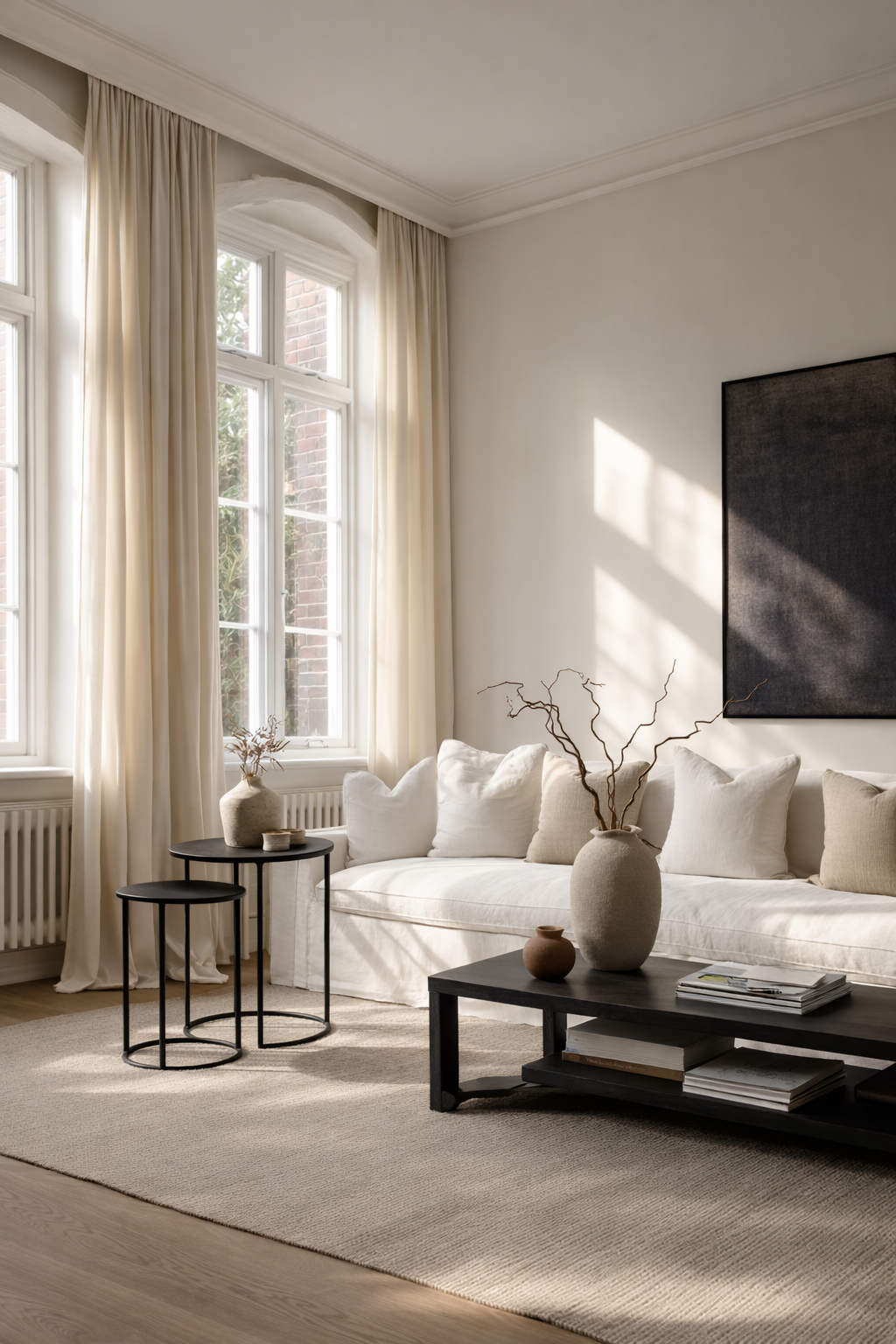 Black nesting side tables beside a pale sofa in a bright high ceilinged room