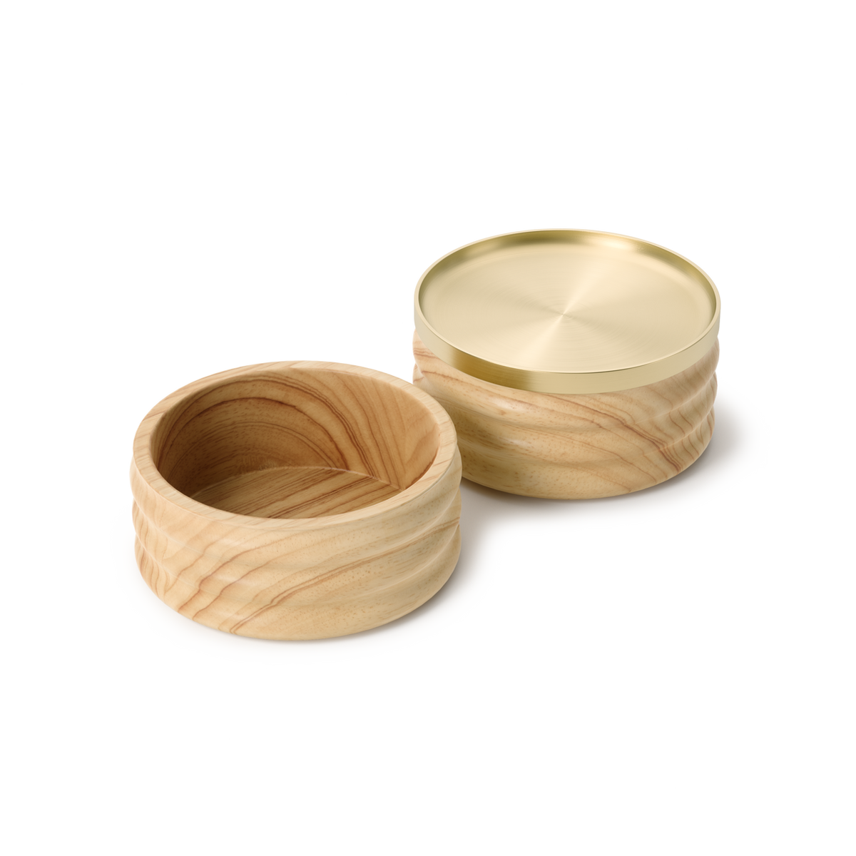 Umbra Tesora storage box in natural ash with its brass lid lifted off