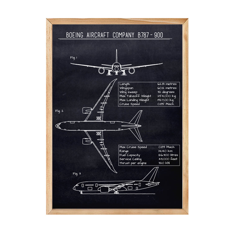 Boeing blueprint print in a natural timber frame, on white